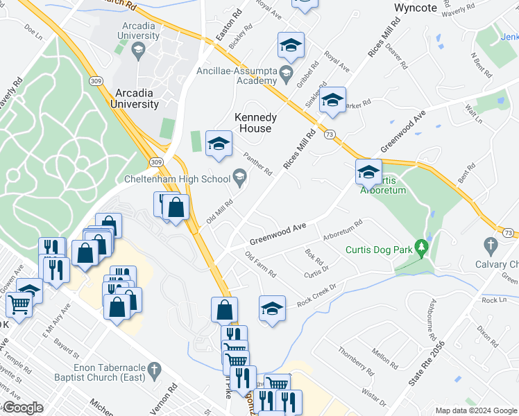 map of restaurants, bars, coffee shops, grocery stores, and more near 415 Salisbury Road in Wyncote