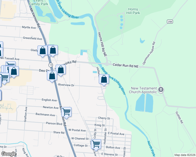 map of restaurants, bars, coffee shops, grocery stores, and more near 180 Riverview Drive in Newark