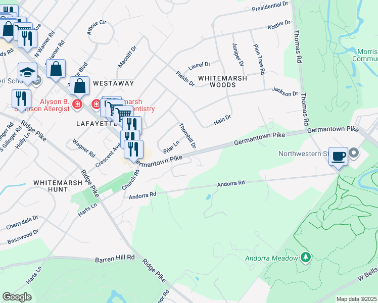 map of restaurants, bars, coffee shops, grocery stores, and more near 715 Germantown Pike in Lafayette Hill