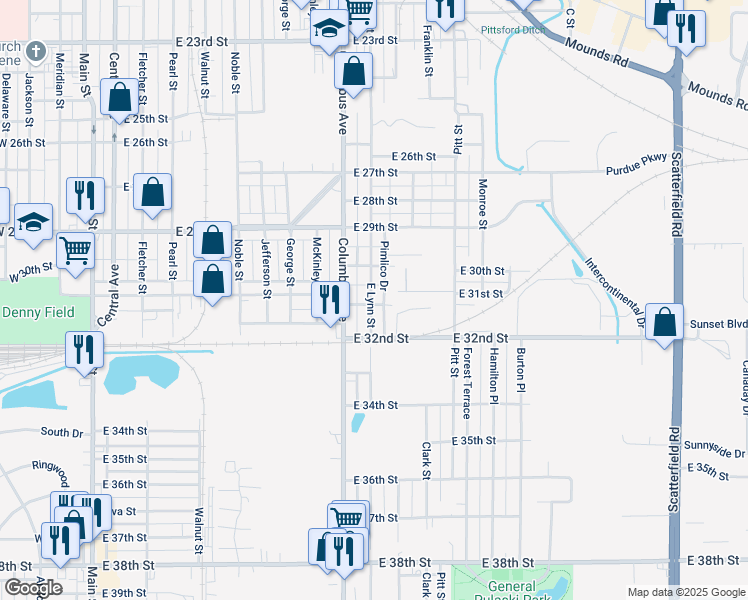 map of restaurants, bars, coffee shops, grocery stores, and more near 3036 East Lynn Street in Anderson