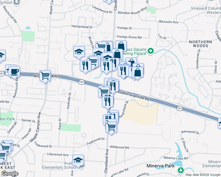 map of restaurants, bars, coffee shops, grocery stores, and more near Rte 161 & Cleveland Ave in Columbus
