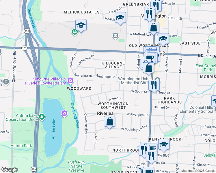 map of restaurants, bars, coffee shops, grocery stores, and more near 290 West South Street in Worthington