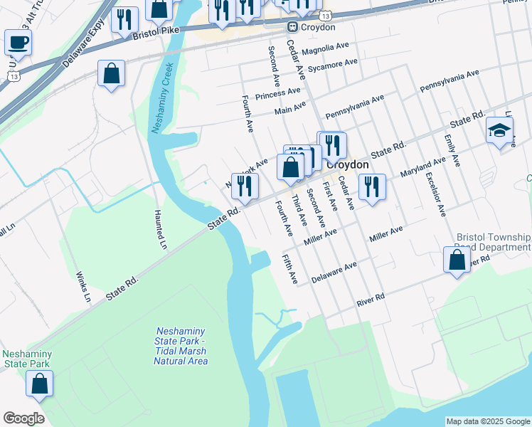 map of restaurants, bars, coffee shops, grocery stores, and more near 807 5th Avenue in Croydon