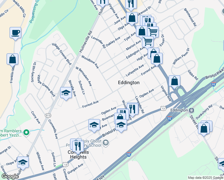 map of restaurants, bars, coffee shops, grocery stores, and more near 1319 Woodbine Avenue in Bensalem