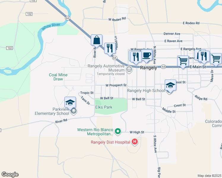 map of restaurants, bars, coffee shops, grocery stores, and more near 208 Morrison Avenue in Rangely