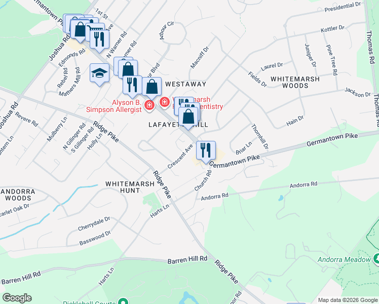 map of restaurants, bars, coffee shops, grocery stores, and more near 3026 Crescent Avenue in Lafayette Hill