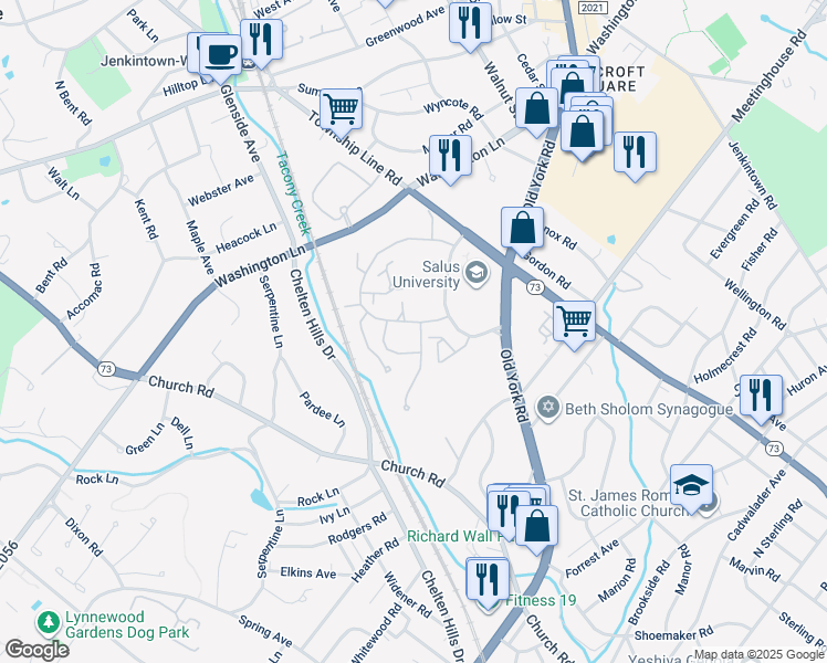 map of restaurants, bars, coffee shops, grocery stores, and more near 3 Red Oak Drive in Elkins Park