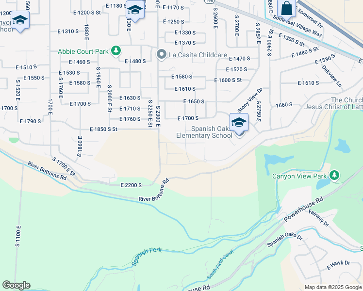 map of restaurants, bars, coffee shops, grocery stores, and more near 1850 South 2300 East in Spanish Fork