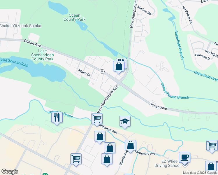 map of restaurants, bars, coffee shops, grocery stores, and more near 1088 New Jersey 88 in Lakewood