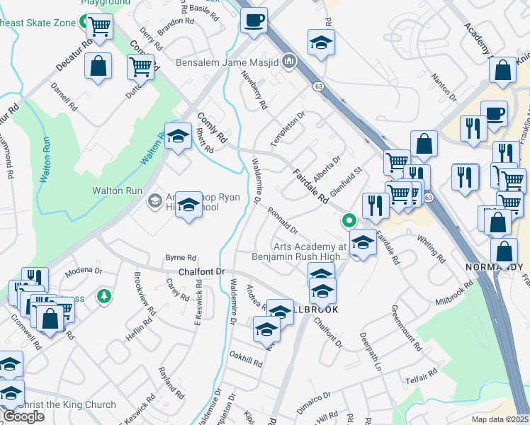 map of restaurants, bars, coffee shops, grocery stores, and more near 11128 Templeton Drive in Philadelphia