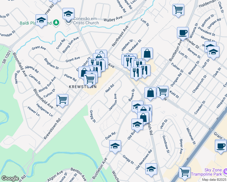 map of restaurants, bars, coffee shops, grocery stores, and more near 9321 Jamison Avenue in Philadelphia