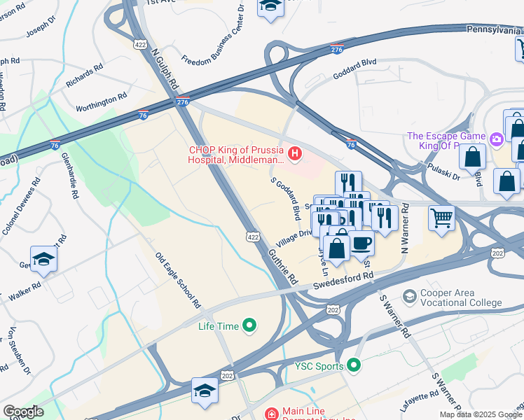 map of restaurants, bars, coffee shops, grocery stores, and more near 408 Guthrie Road in Wayne