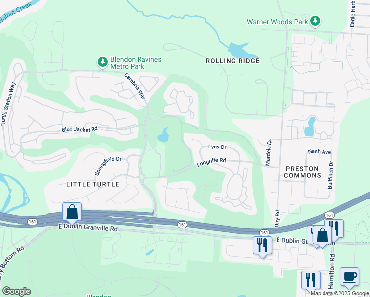 map of restaurants, bars, coffee shops, grocery stores, and more near 5514 Lynx Drive in Westerville