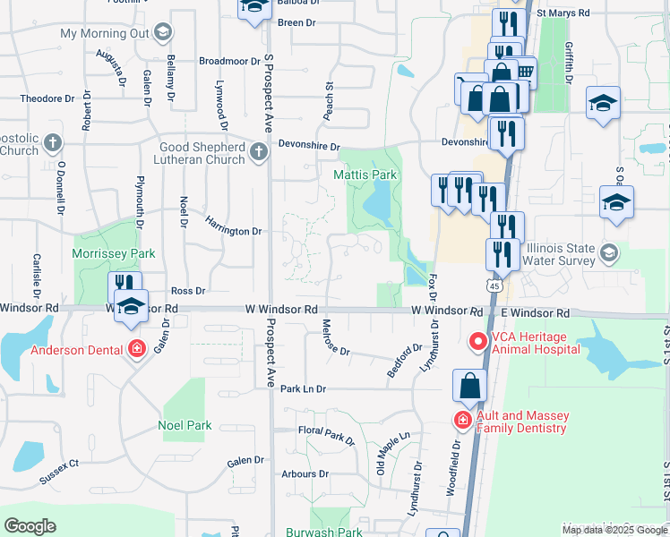 map of restaurants, bars, coffee shops, grocery stores, and more near 2306 Melrose Drive in Champaign