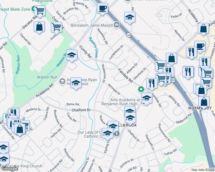 map of restaurants, bars, coffee shops, grocery stores, and more near 11128 Templeton Drive in Philadelphia