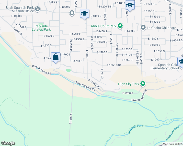 map of restaurants, bars, coffee shops, grocery stores, and more near East 1900 South in Spanish Fork