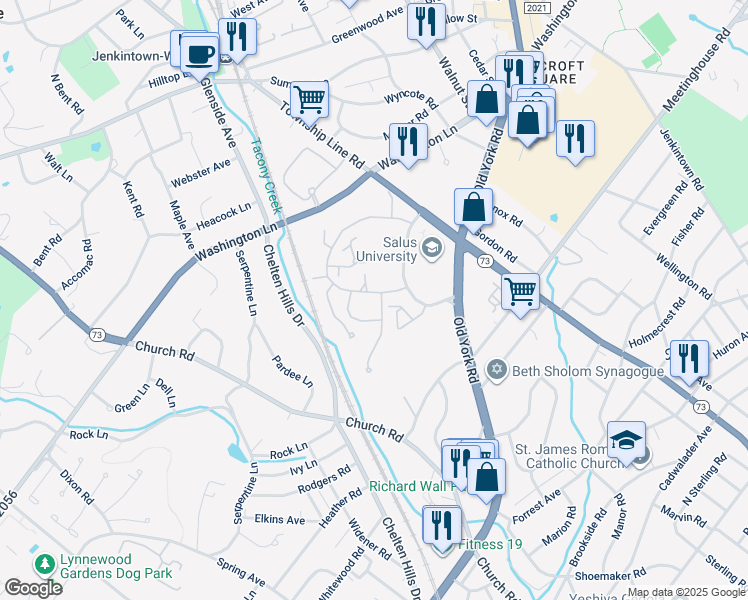 map of restaurants, bars, coffee shops, grocery stores, and more near 3 Red Oak Drive in Elkins Park