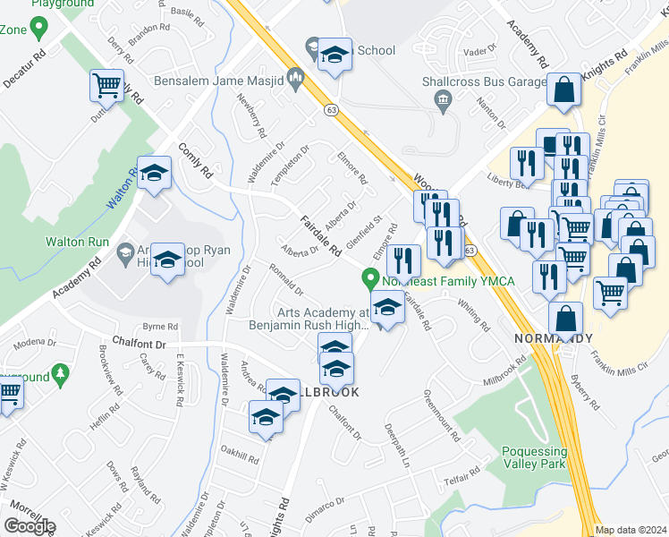 map of restaurants, bars, coffee shops, grocery stores, and more near 11947 Glenfield Street in Philadelphia