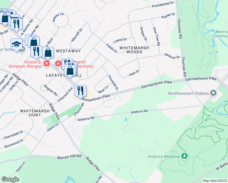 map of restaurants, bars, coffee shops, grocery stores, and more near 715 Germantown Pike in Lafayette Hill
