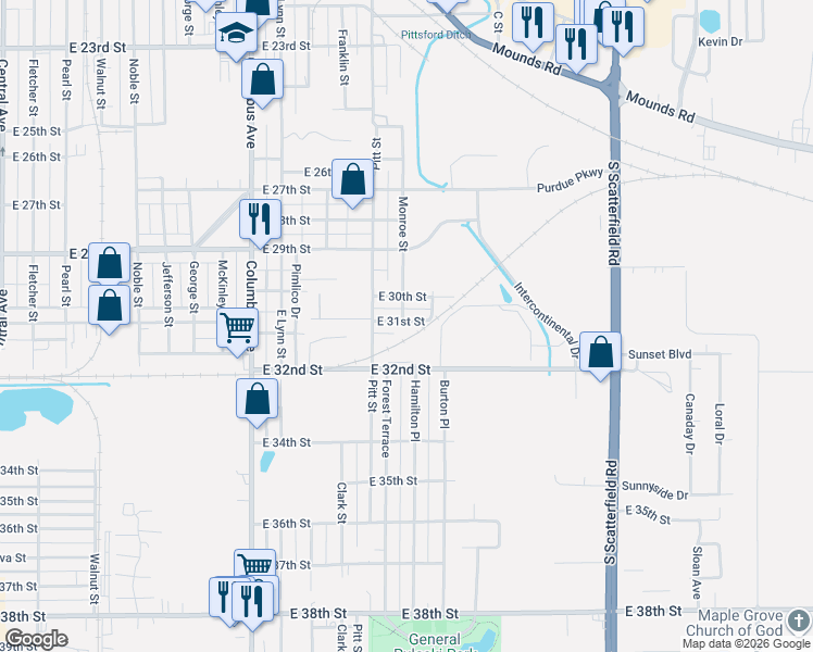 map of restaurants, bars, coffee shops, grocery stores, and more near 1500 East 32nd Street in Anderson