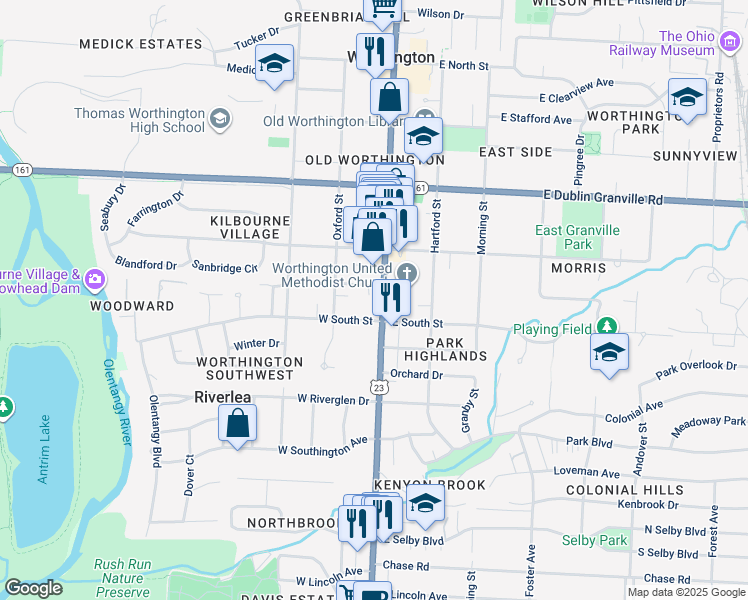 map of restaurants, bars, coffee shops, grocery stores, and more near 36 West South Street in Worthington