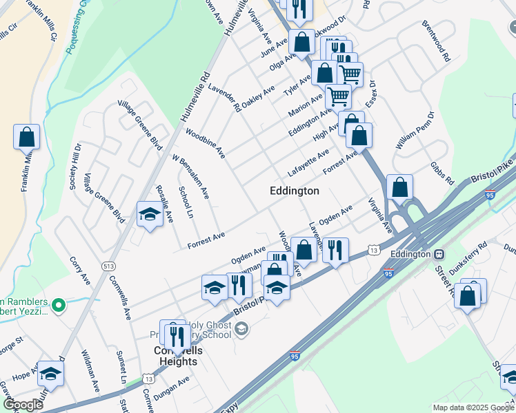map of restaurants, bars, coffee shops, grocery stores, and more near 1319 Woodbine Avenue in Bensalem