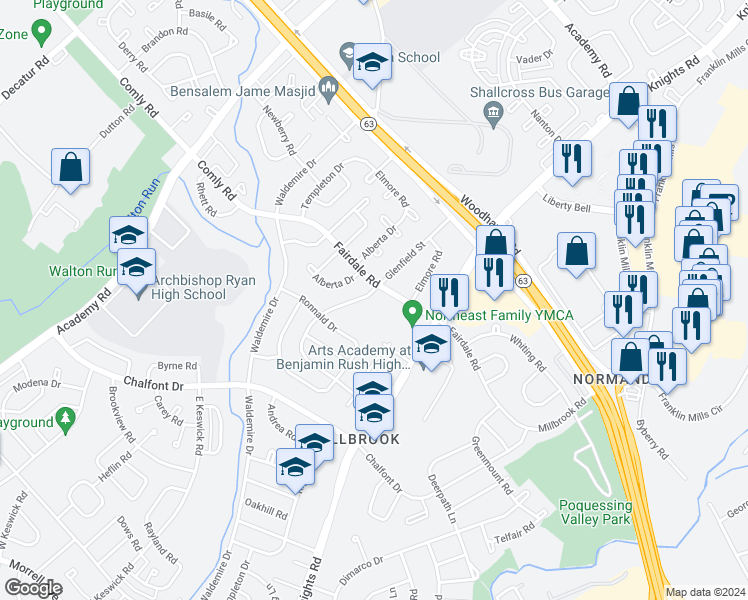map of restaurants, bars, coffee shops, grocery stores, and more near 11947 Glenfield Street in Philadelphia