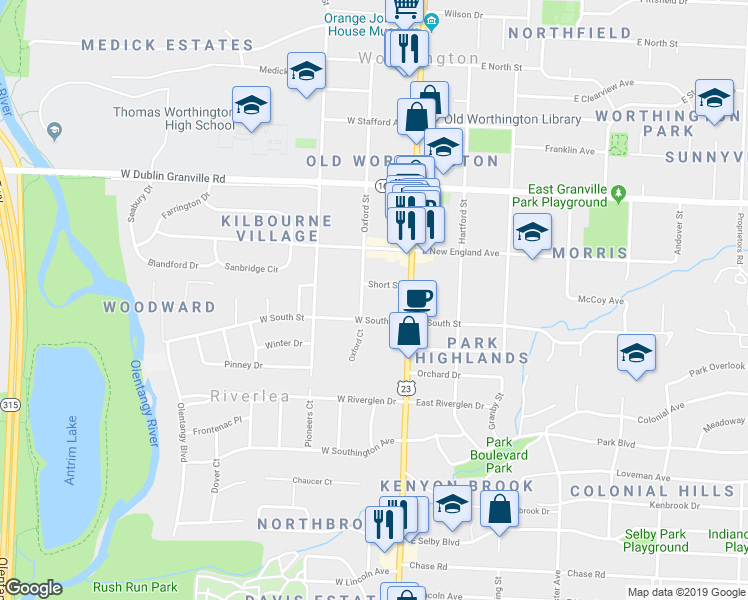 map of restaurants, bars, coffee shops, grocery stores, and more near 574 Oxford Street in Worthington