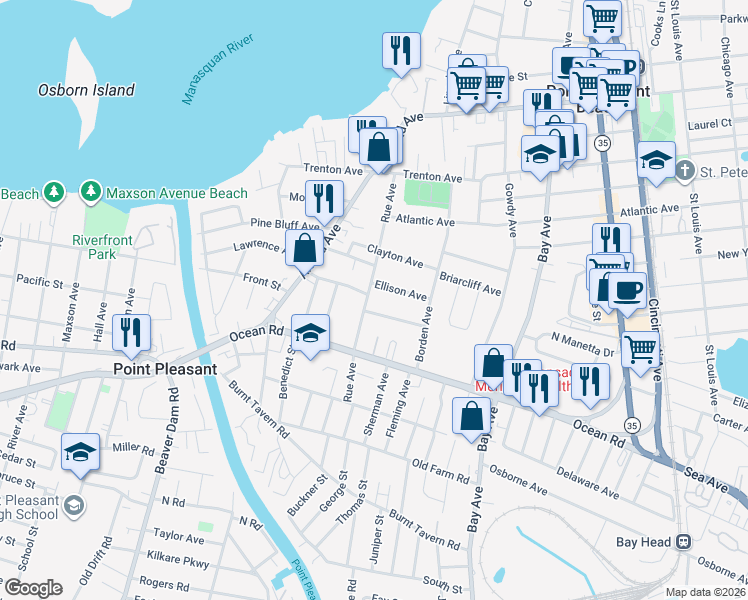 map of restaurants, bars, coffee shops, grocery stores, and more near 1106 Rue Avenue in Point Pleasant