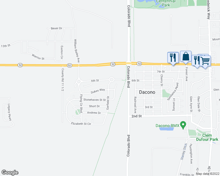 map of restaurants, bars, coffee shops, grocery stores, and more near 450 Dukes Way in Dacono