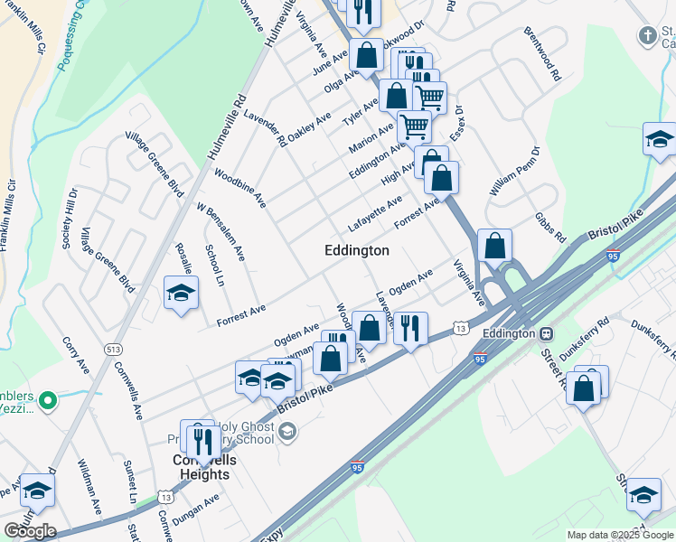map of restaurants, bars, coffee shops, grocery stores, and more near 2647 Forrest Avenue in Eddington