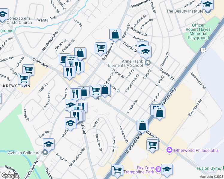 map of restaurants, bars, coffee shops, grocery stores, and more near 1924 Murray Street in Philadelphia