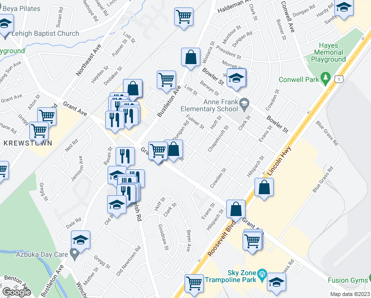 map of restaurants, bars, coffee shops, grocery stores, and more near 1924 Murray Street in Philadelphia