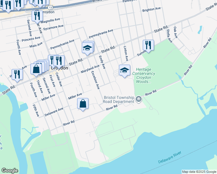 map of restaurants, bars, coffee shops, grocery stores, and more near 1010 Emily Avenue in Croydon