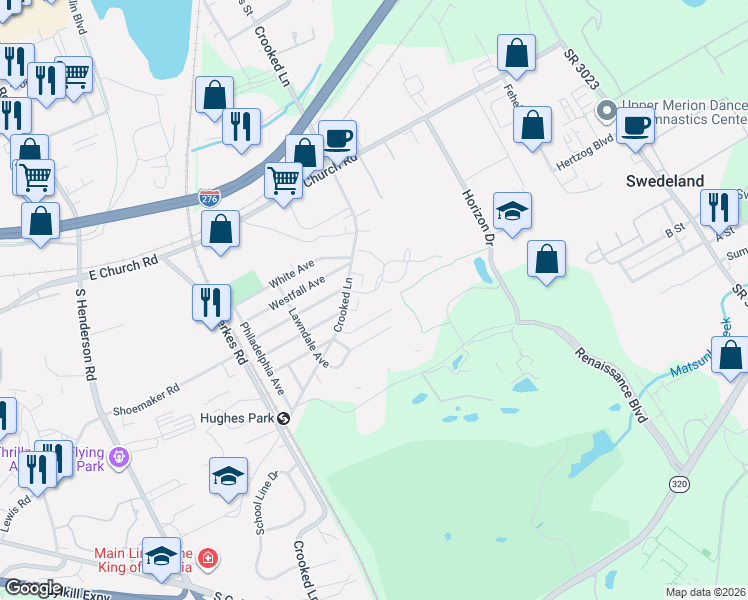 map of restaurants, bars, coffee shops, grocery stores, and more near 270 Bella Lane in King of Prussia