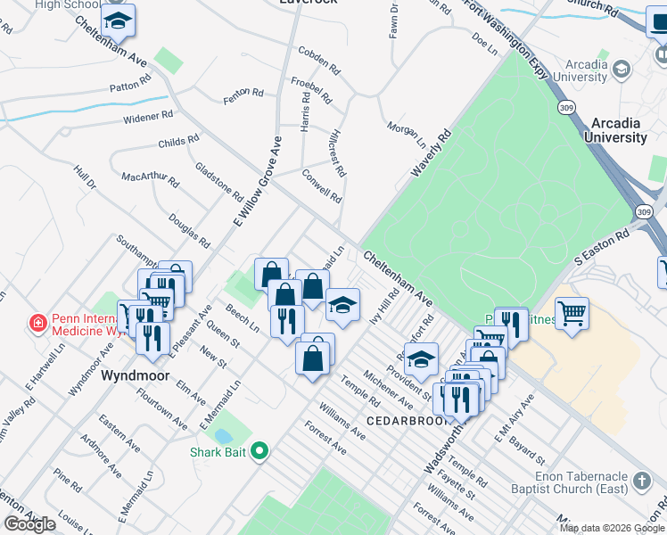 map of restaurants, bars, coffee shops, grocery stores, and more near 1408 East Mermaid Lane in Wyndmoor