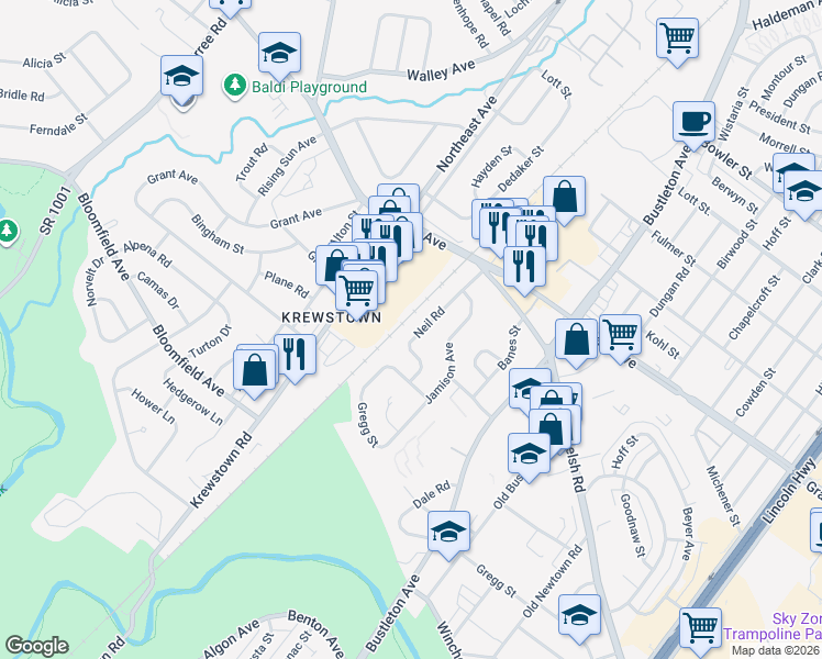 map of restaurants, bars, coffee shops, grocery stores, and more near 9321 Neil Road in Philadelphia