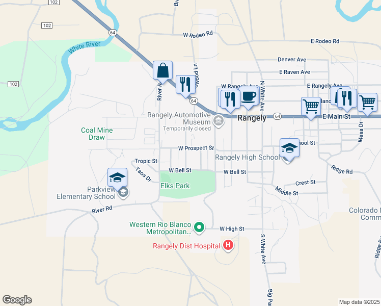 map of restaurants, bars, coffee shops, grocery stores, and more near 208 Morrison Avenue in Rangely