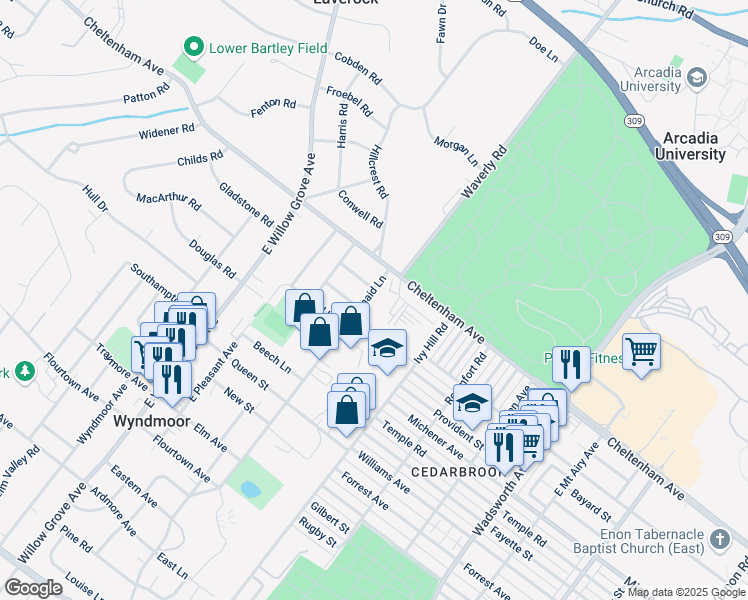 map of restaurants, bars, coffee shops, grocery stores, and more near 1408 East Mermaid Lane in Wyndmoor
