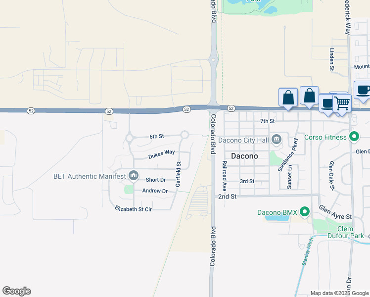 map of restaurants, bars, coffee shops, grocery stores, and more near 300 Dukes Way in Dacono