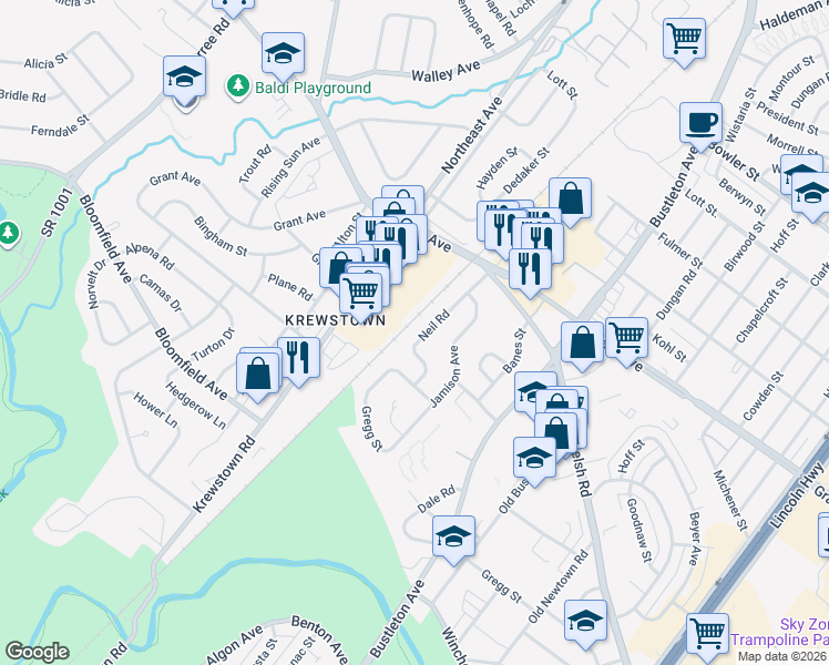 map of restaurants, bars, coffee shops, grocery stores, and more near 9321 Neil Road in Philadelphia