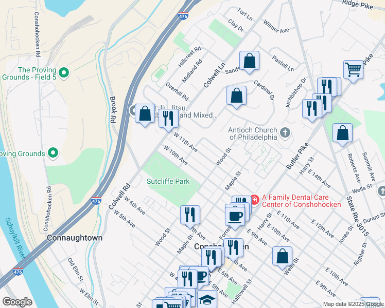 map of restaurants, bars, coffee shops, grocery stores, and more near 341 West 10th Avenue in Conshohocken