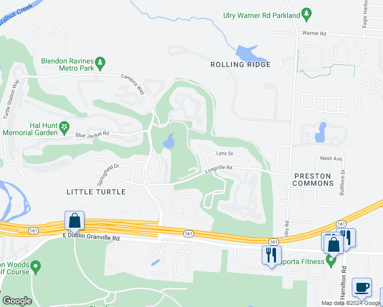 map of restaurants, bars, coffee shops, grocery stores, and more near 5514 Lynx Drive in Westerville