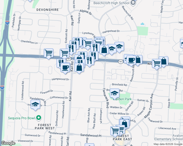 map of restaurants, bars, coffee shops, grocery stores, and more near 5727 Pine Tree Street South in Columbus