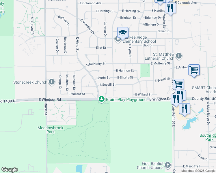 map of restaurants, bars, coffee shops, grocery stores, and more near 2508 Scovill Circle in Urbana
