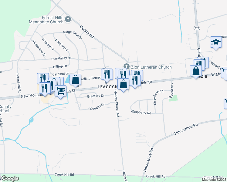 map of restaurants, bars, coffee shops, grocery stores, and more near 8 Hellers Church Road in Leacock-Leola-Bareville