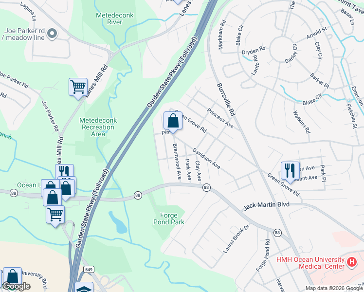 map of restaurants, bars, coffee shops, grocery stores, and more near 1432 Park Avenue in Brick Township