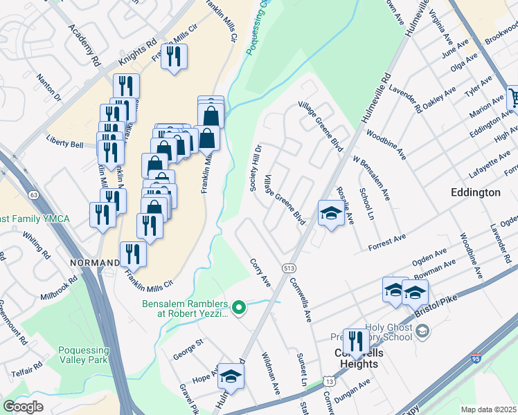 map of restaurants, bars, coffee shops, grocery stores, and more near 1402 Society Hill Drive in Bensalem