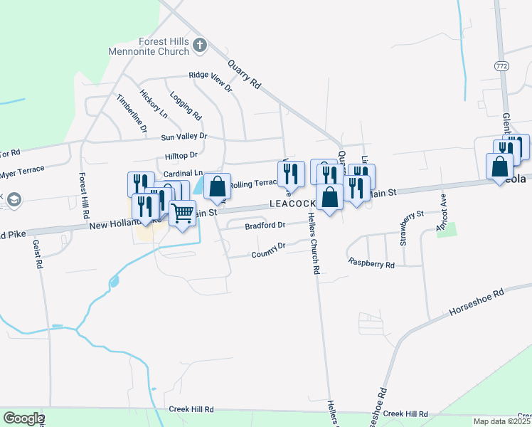 map of restaurants, bars, coffee shops, grocery stores, and more near 19 Bradford Drive in Leacock-Leola-Bareville