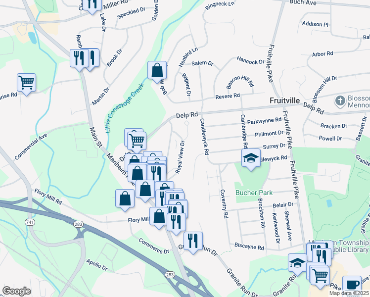map of restaurants, bars, coffee shops, grocery stores, and more near 681 Royal View Drive in Lancaster